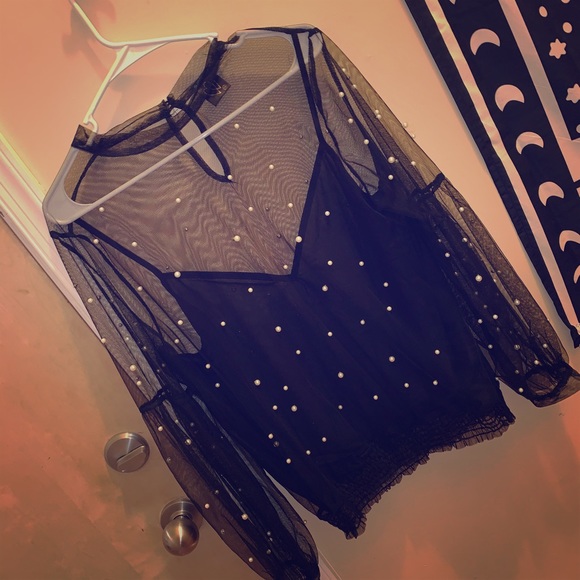 Tops - Black Sheer Blouse with Pearl Accents